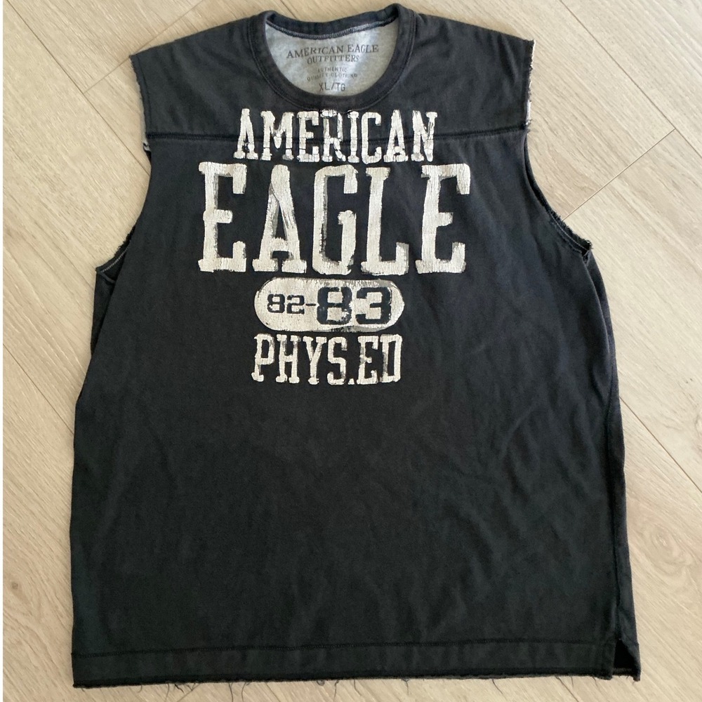 American Eagle Mens XL Phys Ed 83 Muscle Tee Faded Black Distressed Tank Top